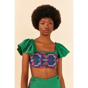 Farm Rio Embroidered Green Ruffle Sleeve Square Neck Crop Top Size L